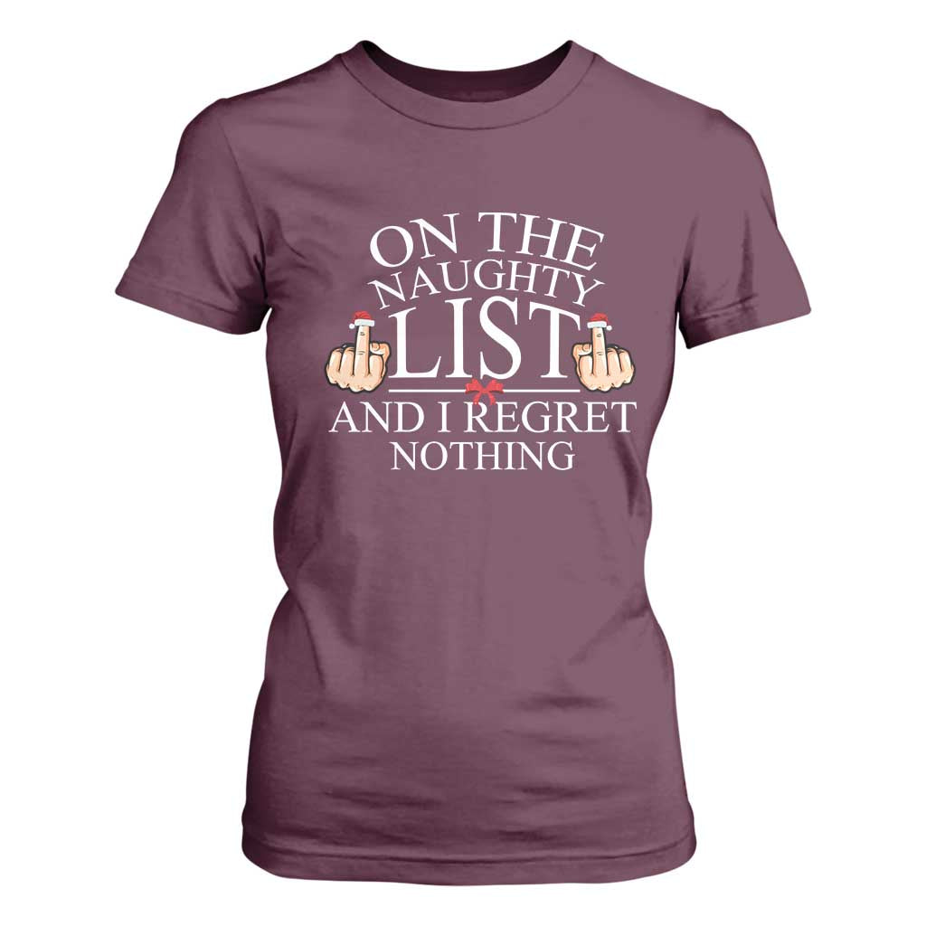 Funny Christmas T Shirt For Women On The List Of Naughty And I Regret Nothing Middle Finger TS09 Maroon Print Your Wear