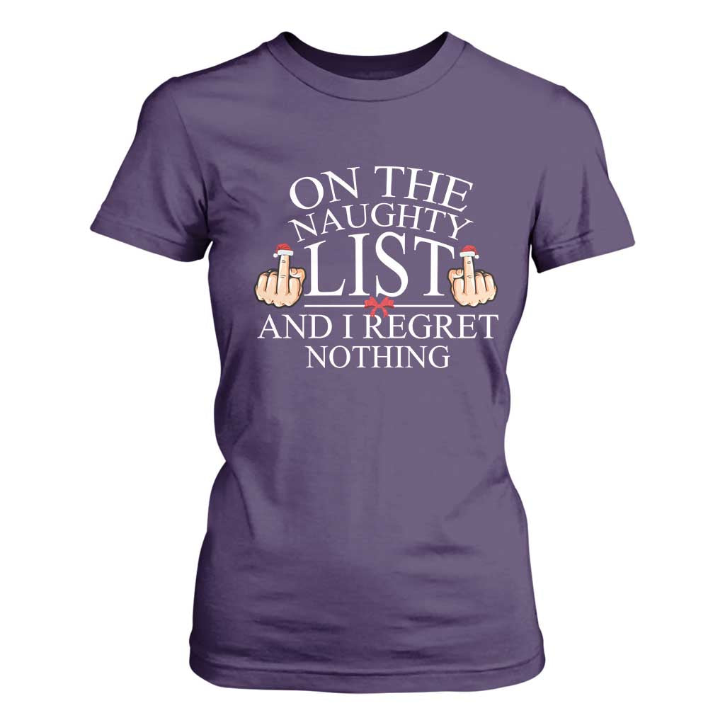 Funny Christmas T Shirt For Women On The List Of Naughty And I Regret Nothing Middle Finger TS09 Purple Print Your Wear