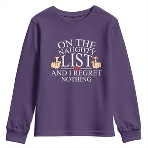 Funny Christmas Youth Sweatshirt On The List Of Naughty And I Regret Nothing Middle Finger TS09 Purple Print Your Wear
