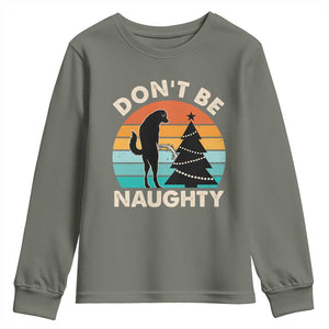 Funny Xmas Youth Sweatshirt Don't Be Naughty Dog Peeing Christmas Tree TS09 Military Green Print Your Wear