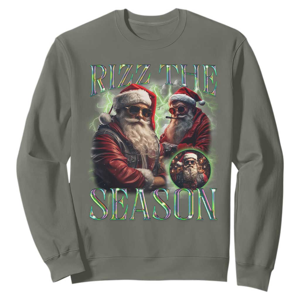 Funny Christmas Santa Sweatshirt Rizz The Season Cool Santa TS09 Military Green Print Your Wear