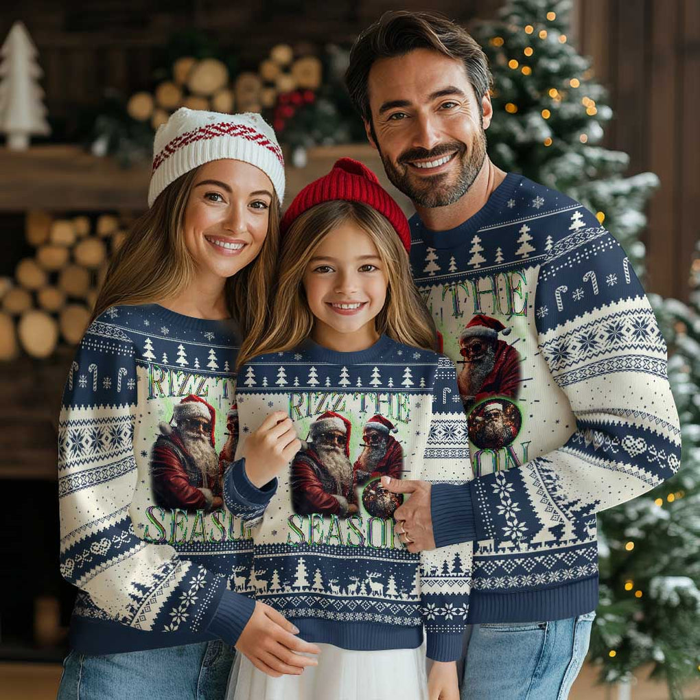 Funny Xmas Santa Ugly Christmas Sweater Rizz The Season Cool Santa TS09 Navy Print Your Wear