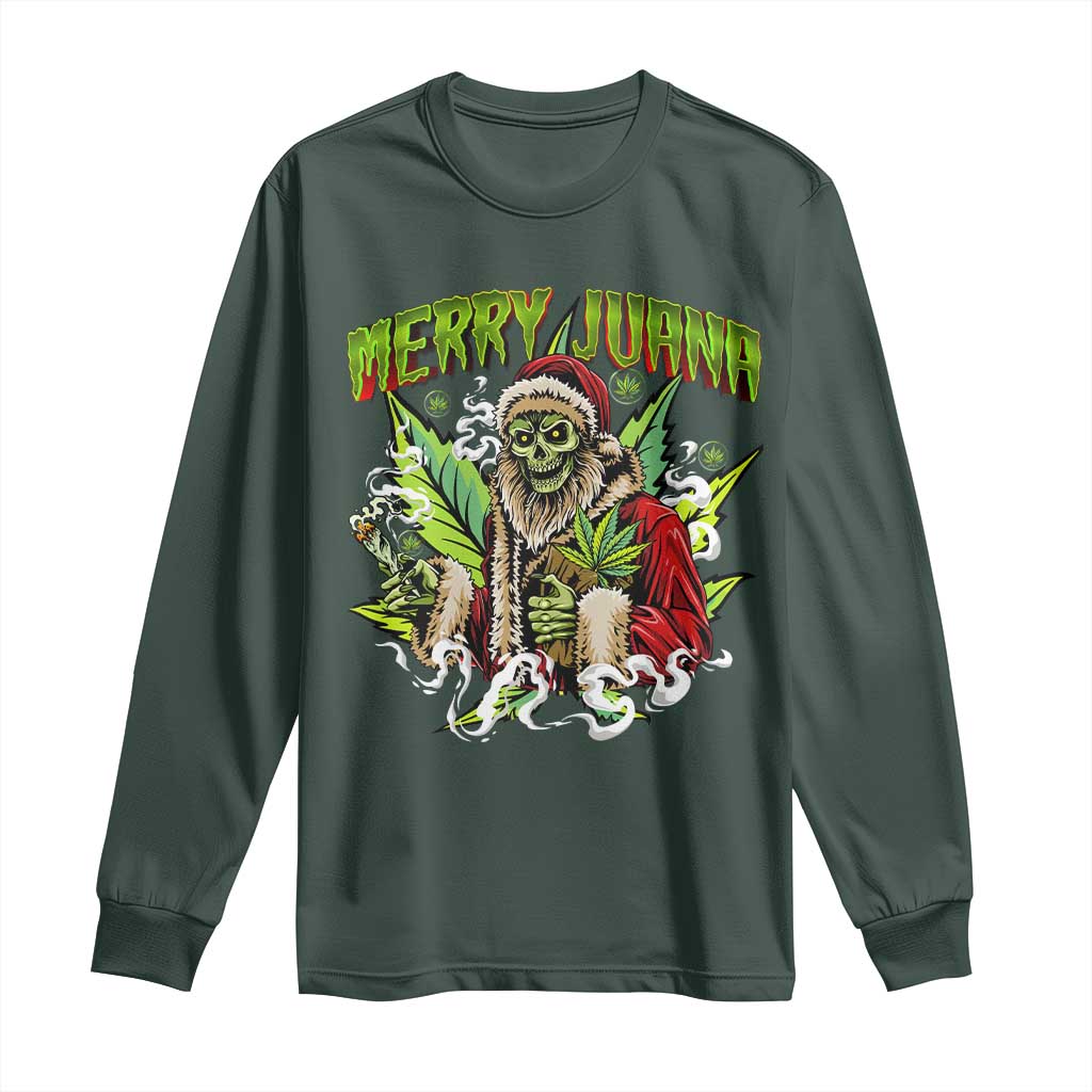 Funny Weed Christmas Long Sleeve Shirt Merry Juana Santa Skeleton 420 TS09 Dark Forest Green Print Your Wear
