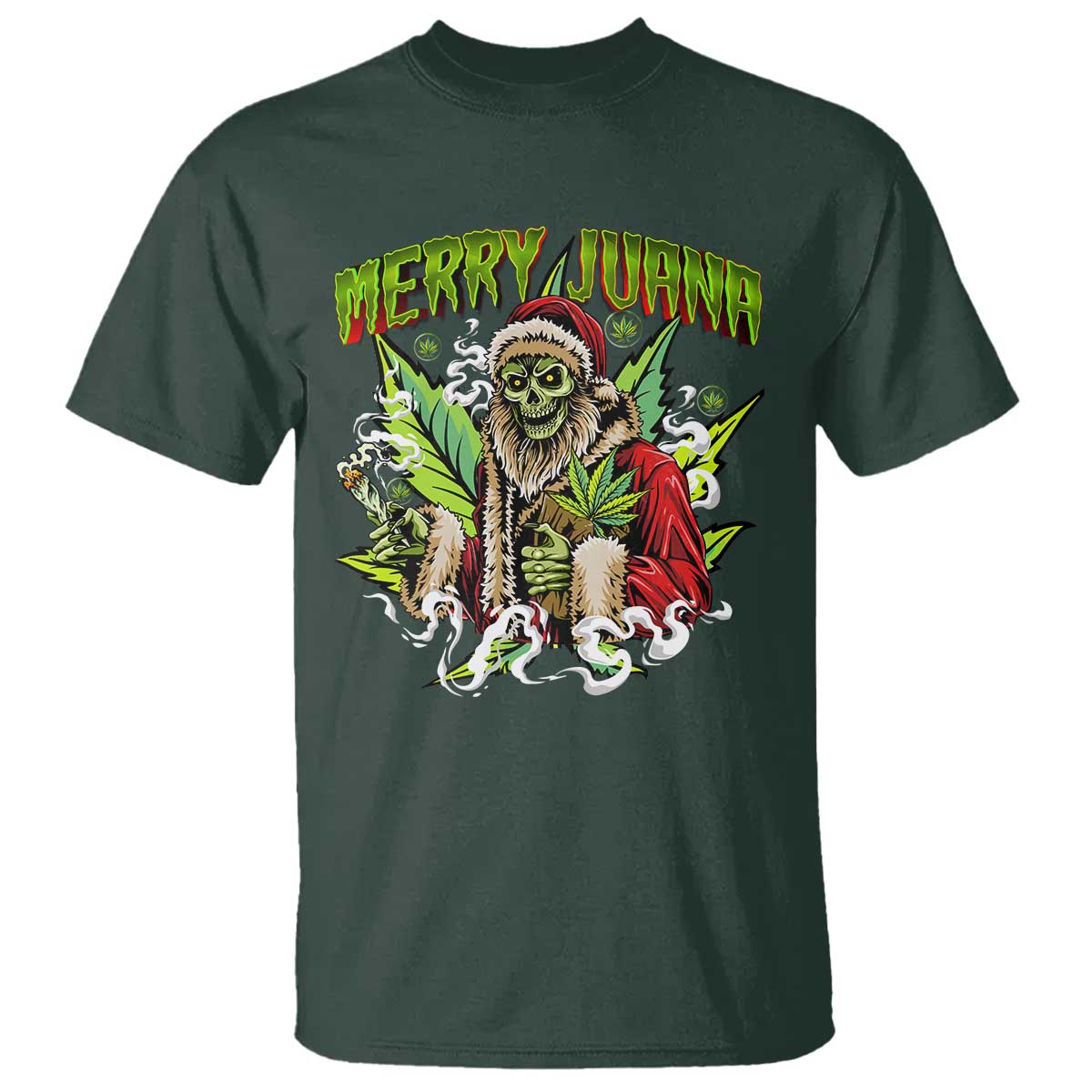 Funny Weed Christmas T Shirt Merry Juana Santa Skeleton 420 TS09 Dark Forest Green Print Your Wear