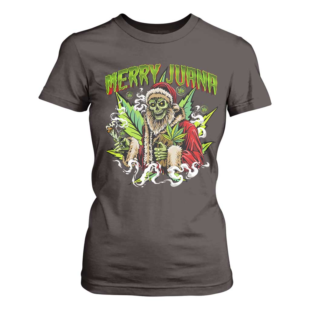 Funny Weed Christmas T Shirt For Women Merry Juana Santa Skeleton 420 TS09 Dark Chocolate Print Your Wear