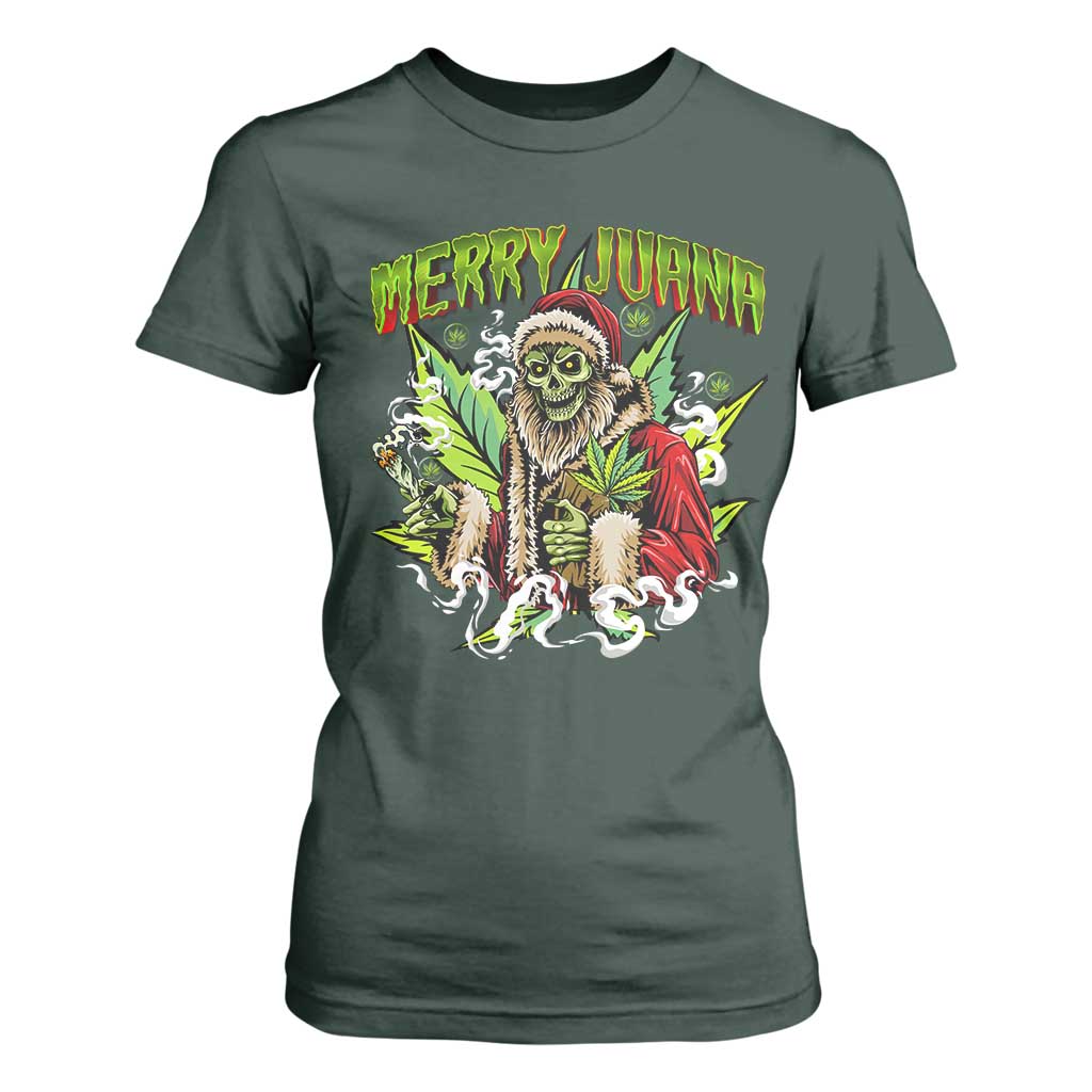 Funny Weed Christmas T Shirt For Women Merry Juana Santa Skeleton 420 TS09 Dark Forest Green Print Your Wear