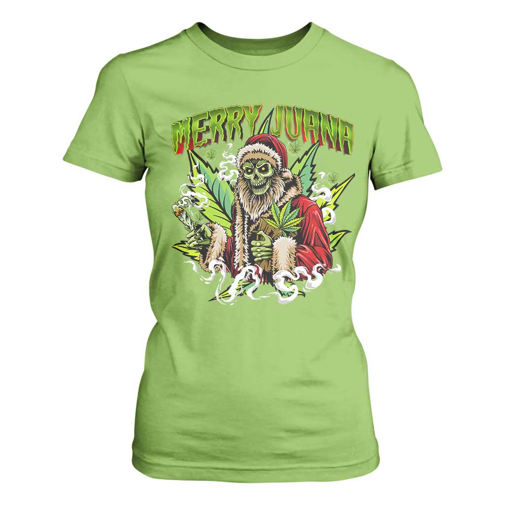 Funny Weed Christmas T Shirt For Women Merry Juana Santa Skeleton 420 TS09 Lime Print Your Wear