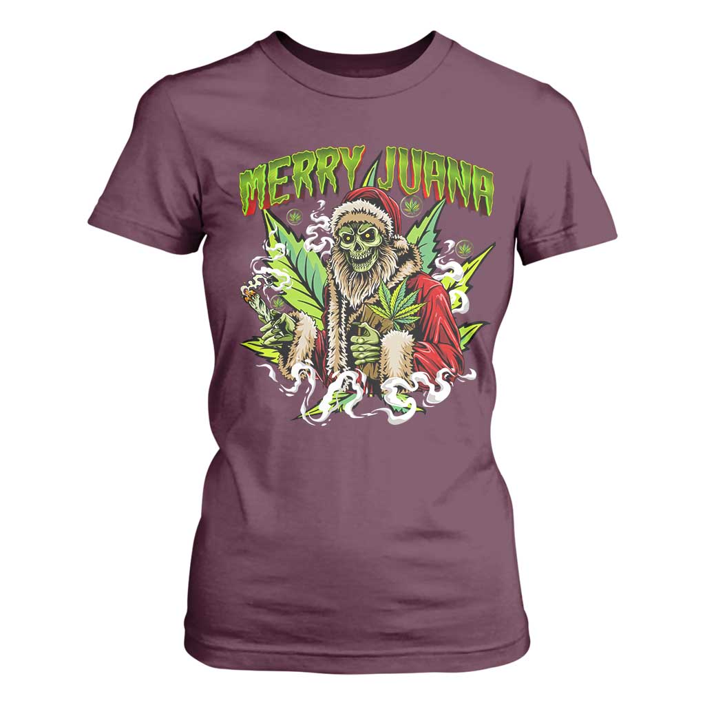 Funny Weed Christmas T Shirt For Women Merry Juana Santa Skeleton 420 TS09 Maroon Print Your Wear