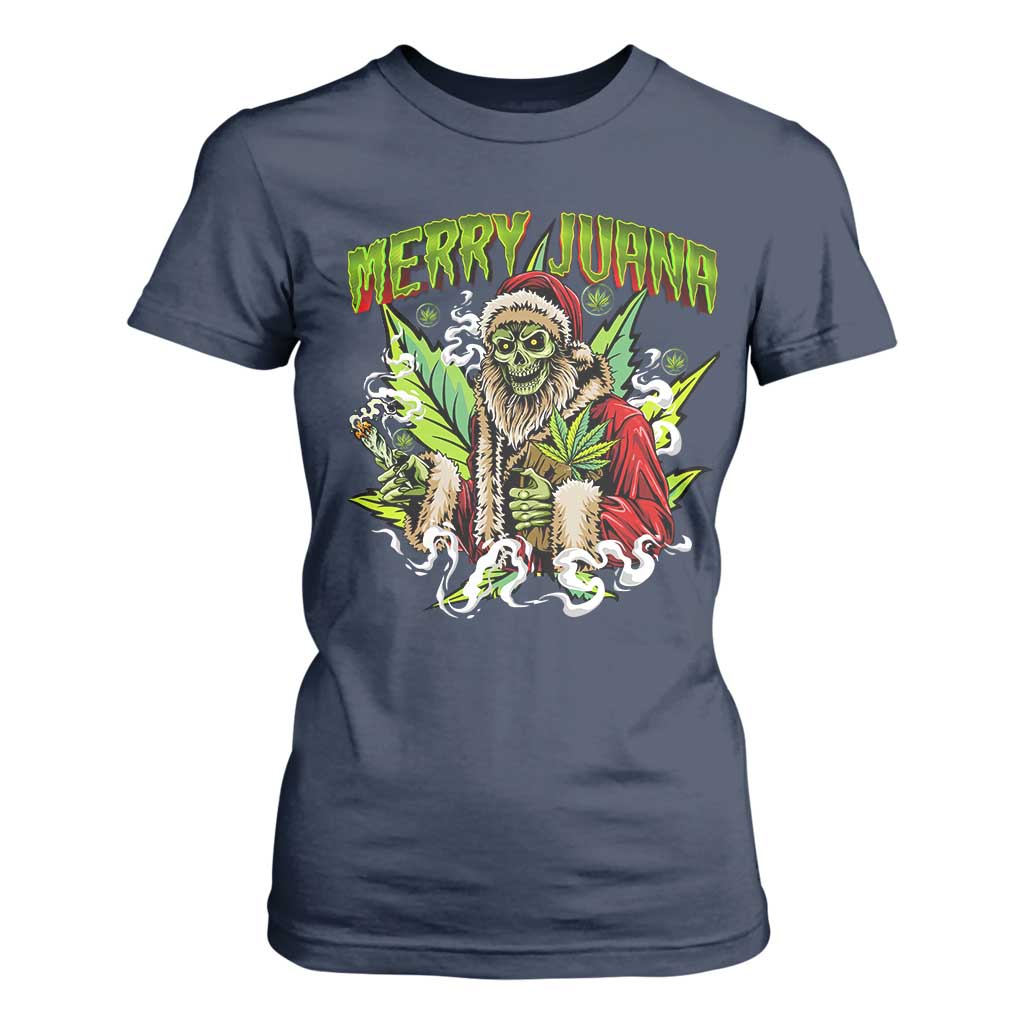 Funny Weed Christmas T Shirt For Women Merry Juana Santa Skeleton 420 TS09 Navy Print Your Wear
