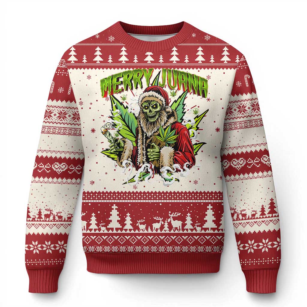 Funny Weed Xmas Ugly Christmas Sweater Merry Juana Santa Skeleton 420 TS09 Red Print Your Wear