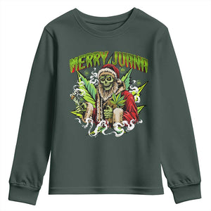 Funny Weed Christmas Youth Sweatshirt Merry Juana Santa Skeleton 420 TS09 Dark Forest Green Print Your Wear