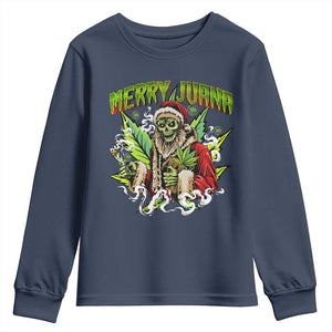 Funny Weed Christmas Youth Sweatshirt Merry Juana Santa Skeleton 420 TS09 Navy Print Your Wear