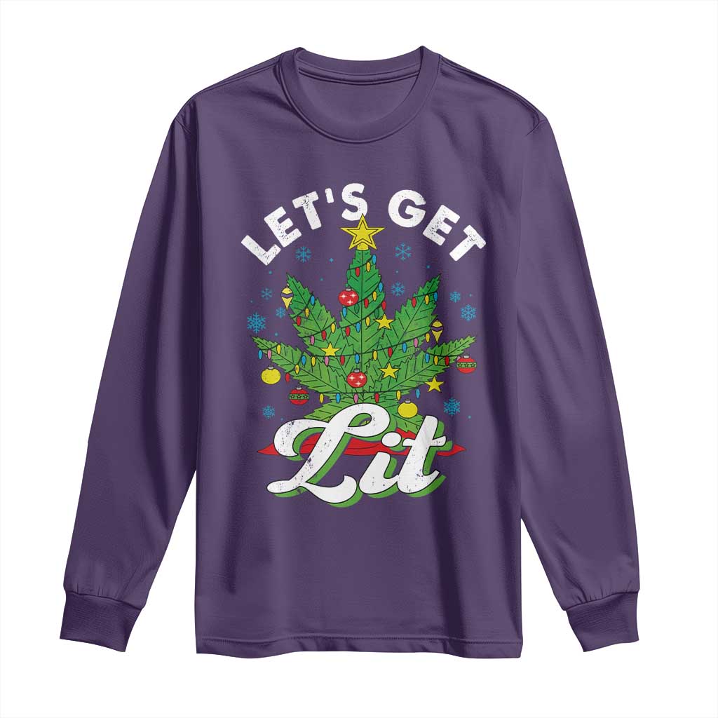 Funny Weed Christmas Long Sleeve Shirt Let's Get Lit Christmas Tree Cannabis TS09 Purple Print Your Wear