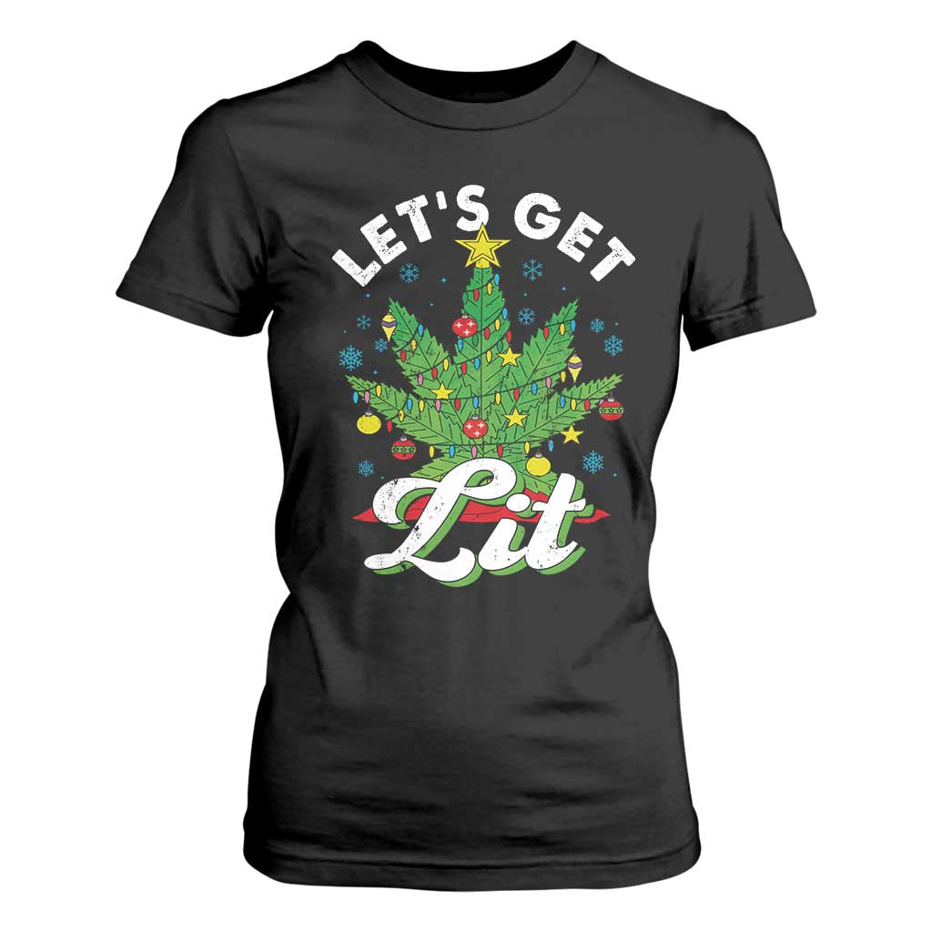 Funny Weed Christmas T Shirt For Women Let's Get Lit Christmas Tree Cannabis TS09 Black Print Your Wear