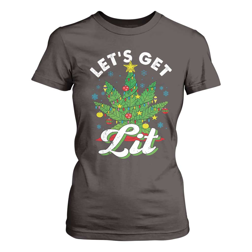 Funny Weed Christmas T Shirt For Women Let's Get Lit Christmas Tree Cannabis TS09 Dark Chocolate Print Your Wear