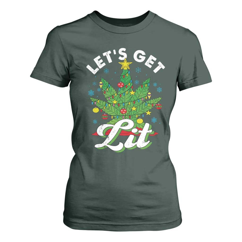 Funny Weed Christmas T Shirt For Women Let's Get Lit Christmas Tree Cannabis TS09 Dark Forest Green Print Your Wear