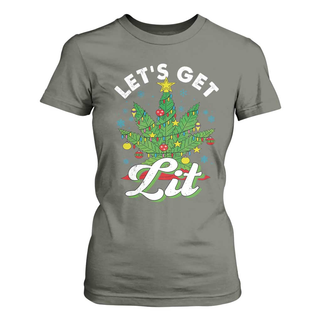 Funny Weed Christmas T Shirt For Women Let's Get Lit Christmas Tree Cannabis TS09 Military Green Print Your Wear