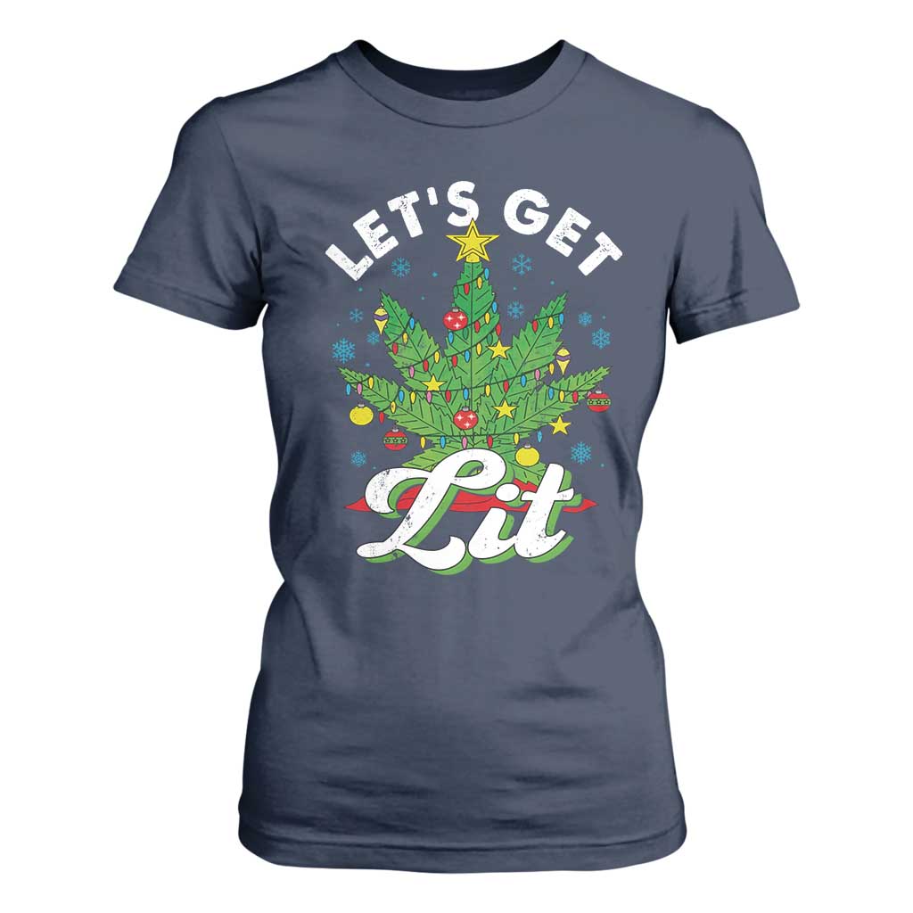 Funny Weed Christmas T Shirt For Women Let's Get Lit Christmas Tree Cannabis TS09 Navy Print Your Wear