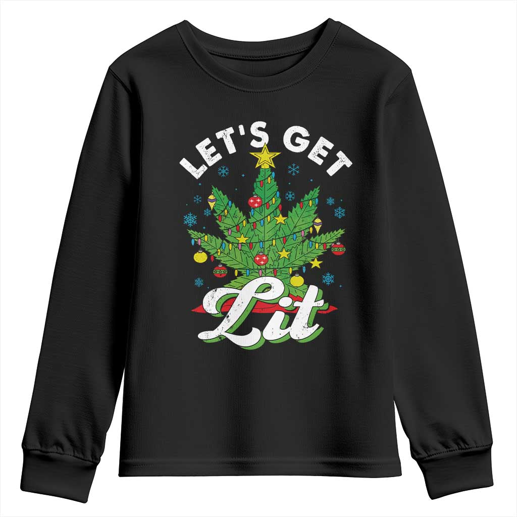 Funny Weed Christmas Youth Sweatshirt Let's Get Lit Christmas Tree Cannabis TS09 Black Print Your Wear