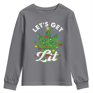Funny Weed Christmas Youth Sweatshirt Let's Get Lit Christmas Tree Cannabis TS09 Charcoal Print Your Wear