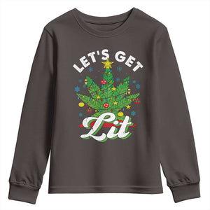 Funny Weed Christmas Youth Sweatshirt Let's Get Lit Christmas Tree Cannabis TS09 Dark Chocolate Print Your Wear