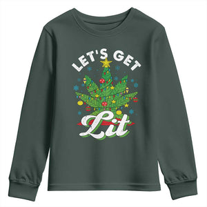 Funny Weed Christmas Youth Sweatshirt Let's Get Lit Christmas Tree Cannabis TS09 Dark Forest Green Print Your Wear