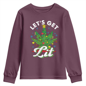 Funny Weed Christmas Youth Sweatshirt Let's Get Lit Christmas Tree Cannabis TS09 Maroon Print Your Wear