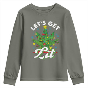 Funny Weed Christmas Youth Sweatshirt Let's Get Lit Christmas Tree Cannabis TS09 Military Green Print Your Wear
