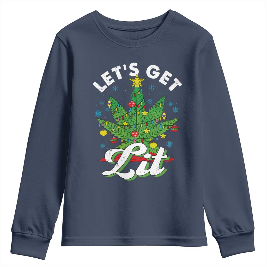 Funny Weed Christmas Youth Sweatshirt Let's Get Lit Christmas Tree Cannabis TS09 Navy Print Your Wear
