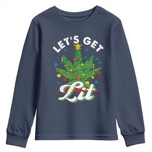 Funny Weed Christmas Youth Sweatshirt Let's Get Lit Christmas Tree Cannabis TS09 Navy Print Your Wear