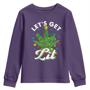 Funny Weed Christmas Youth Sweatshirt Let's Get Lit Christmas Tree Cannabis TS09 Purple Print Your Wear