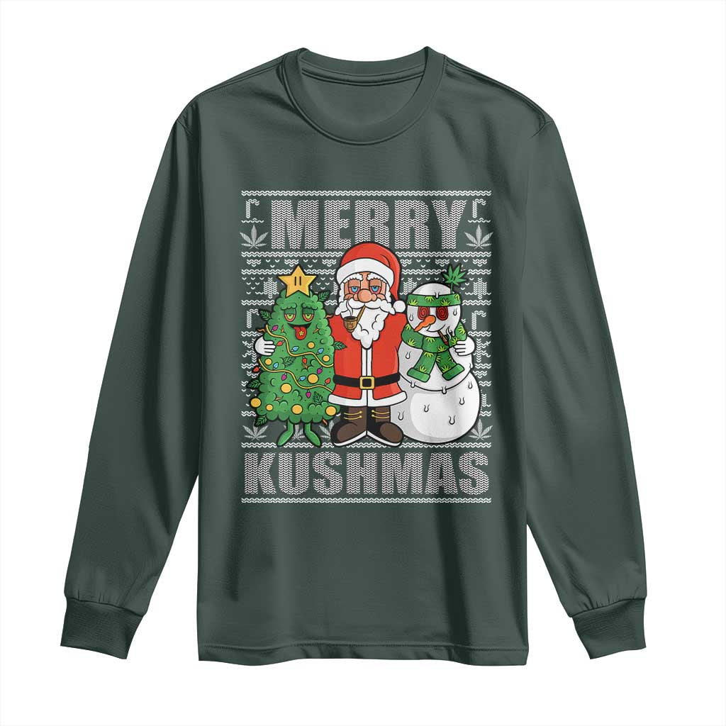 Funny Weed Christmas Long Sleeve Shirt Merry Kushmas Naughty Santa Snowman Cannabis 420 TS09 Dark Forest Green Print Your Wear