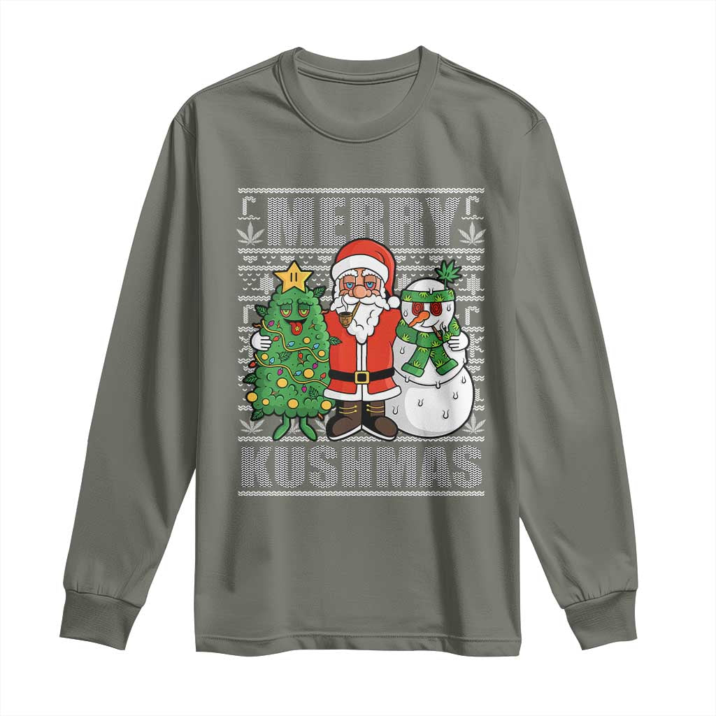 Funny Weed Christmas Long Sleeve Shirt Merry Kushmas Naughty Santa Snowman Cannabis 420 TS09 Military Green Print Your Wear