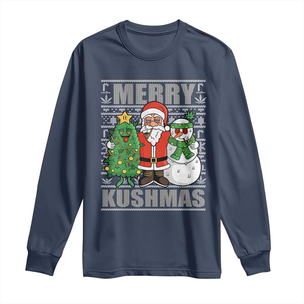 Funny Weed Christmas Long Sleeve Shirt Merry Kushmas Naughty Santa Snowman Cannabis 420 TS09 Navy Print Your Wear