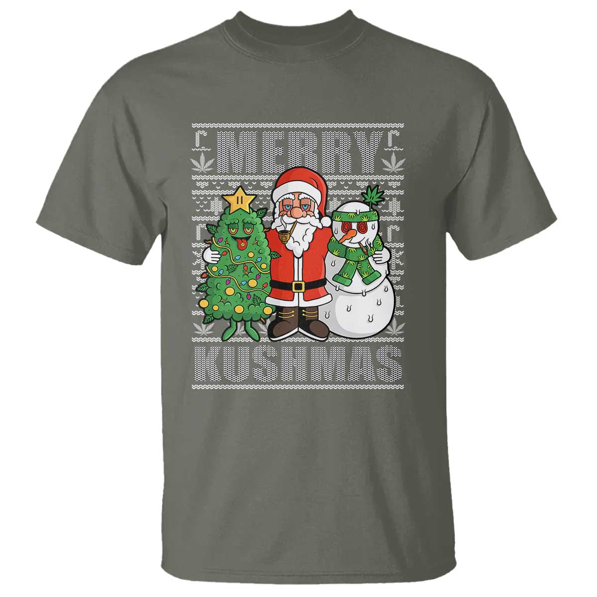 Funny Weed Christmas T Shirt Merry Kushmas Naughty Santa Snowman Cannabis 420 TS09 Military Green Print Your Wear