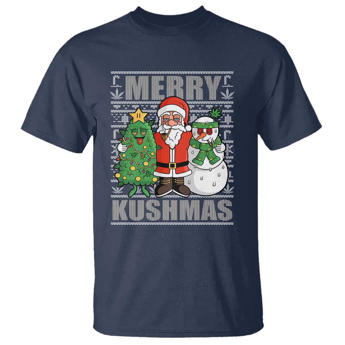 Funny Weed Christmas T Shirt Merry Kushmas Naughty Santa Snowman Cannabis 420 TS09 Navy Print Your Wear