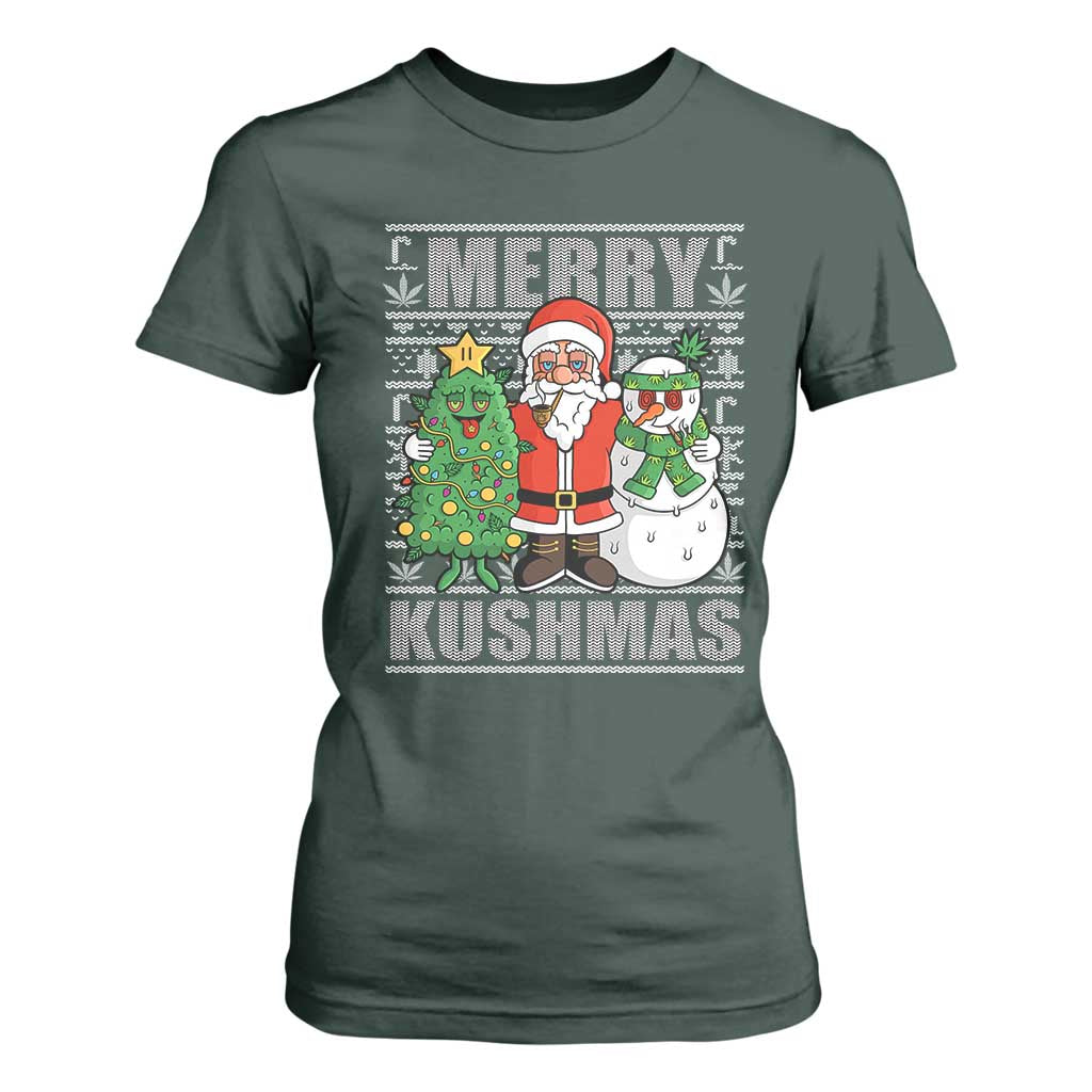 Funny Weed Christmas T Shirt For Women Merry Kushmas Naughty Santa Snowman Cannabis 420 TS09 Dark Forest Green Print Your Wear