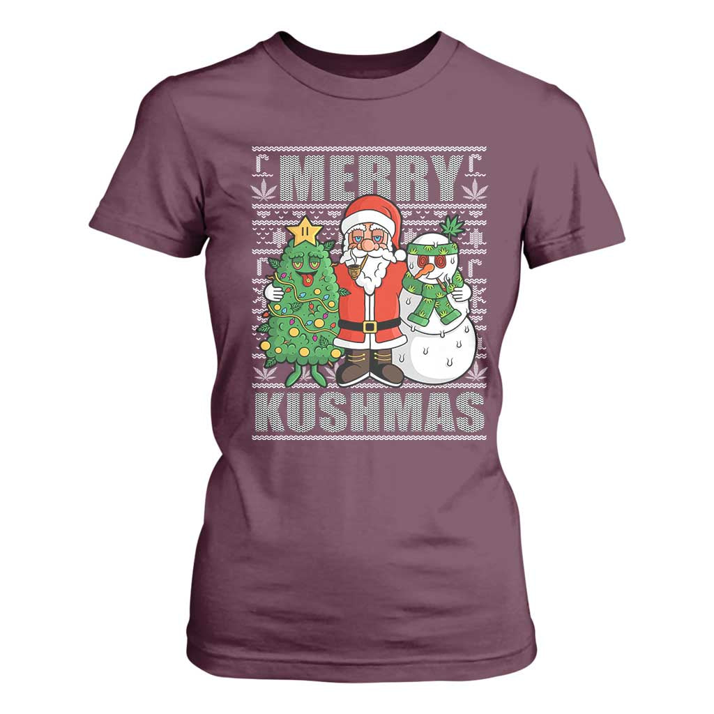 Funny Weed Christmas T Shirt For Women Merry Kushmas Naughty Santa Snowman Cannabis 420 TS09 Maroon Print Your Wear