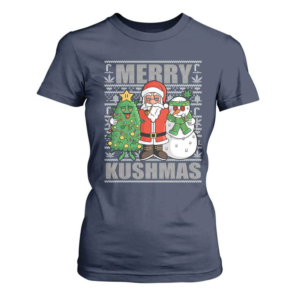 Funny Weed Christmas T Shirt For Women Merry Kushmas Naughty Santa Snowman Cannabis 420 TS09 Navy Print Your Wear