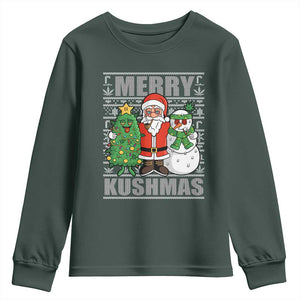 Funny Weed Christmas Youth Sweatshirt Merry Kushmas Naughty Santa Snowman Cannabis 420 TS09 Dark Forest Green Print Your Wear