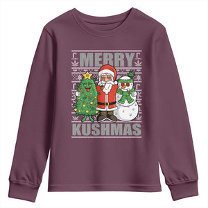 Funny Weed Christmas Youth Sweatshirt Merry Kushmas Naughty Santa Snowman Cannabis 420 TS09 Maroon Print Your Wear