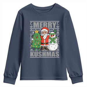Funny Weed Christmas Youth Sweatshirt Merry Kushmas Naughty Santa Snowman Cannabis 420 TS09 Navy Print Your Wear