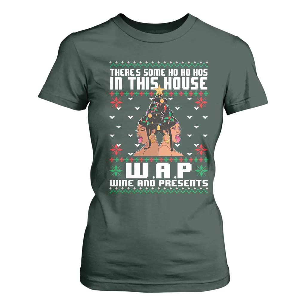 Funny Christmas T Shirt For Women There Is Some Ho Ho Hos In This House WAP Wine And Present TS09 Dark Forest Green Print Your Wear