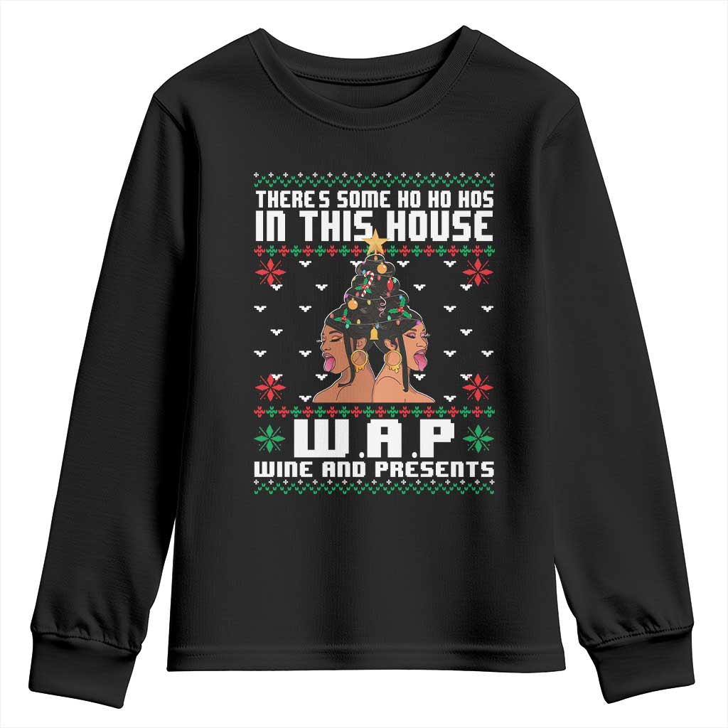 Funny Christmas Youth Sweatshirt There Is Some Ho Ho Hos In This House WAP Wine And Present TS09 Black Print Your Wear