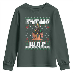 Funny Christmas Youth Sweatshirt There Is Some Ho Ho Hos In This House WAP Wine And Present TS09 Dark Forest Green Print Your Wear