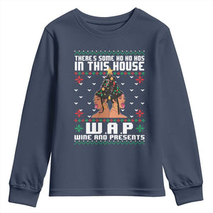Funny Christmas Youth Sweatshirt There Is Some Ho Ho Hos In This House WAP Wine And Present TS09 Navy Print Your Wear
