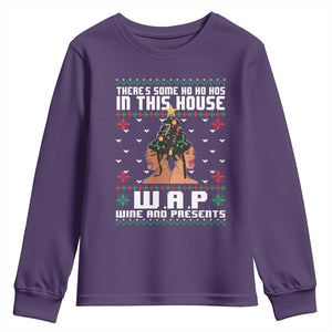 Funny Christmas Youth Sweatshirt There Is Some Ho Ho Hos In This House WAP Wine And Present TS09 Purple Print Your Wear
