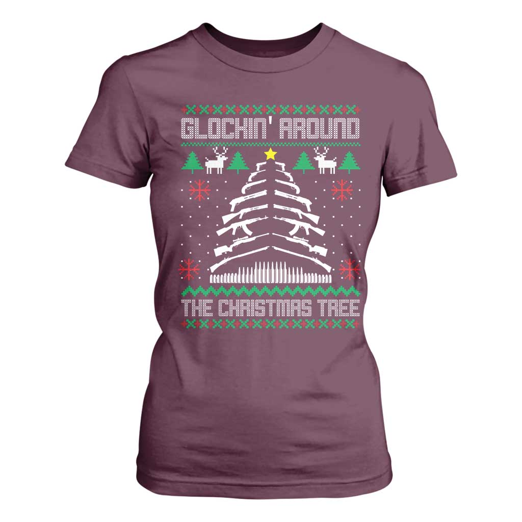 Christmas Gun Lover T Shirt For Women Glocking Around The Christmas Tree TS09 Maroon Print Your Wear