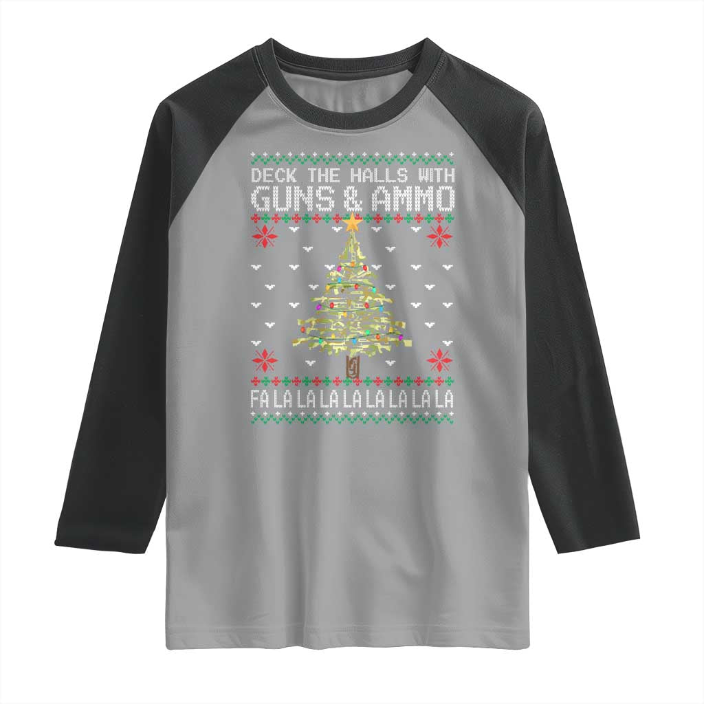 Christmas Gun Lover Raglan Shirt Deck The Halls With Guns And Ammo TS09 Sport Gray Black Print Your Wear