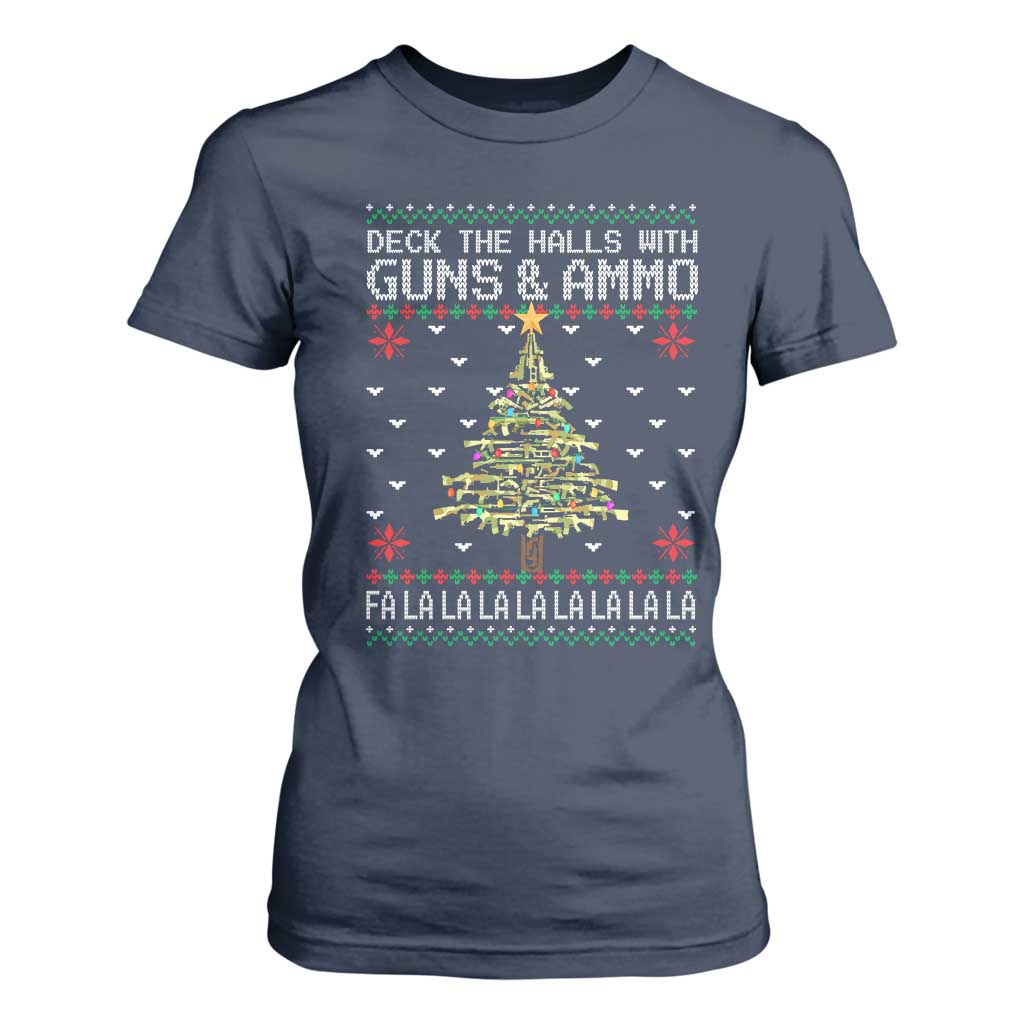 Christmas Gun Lover T Shirt For Women Deck The Halls With Guns And Ammo TS09 Navy Print Your Wear